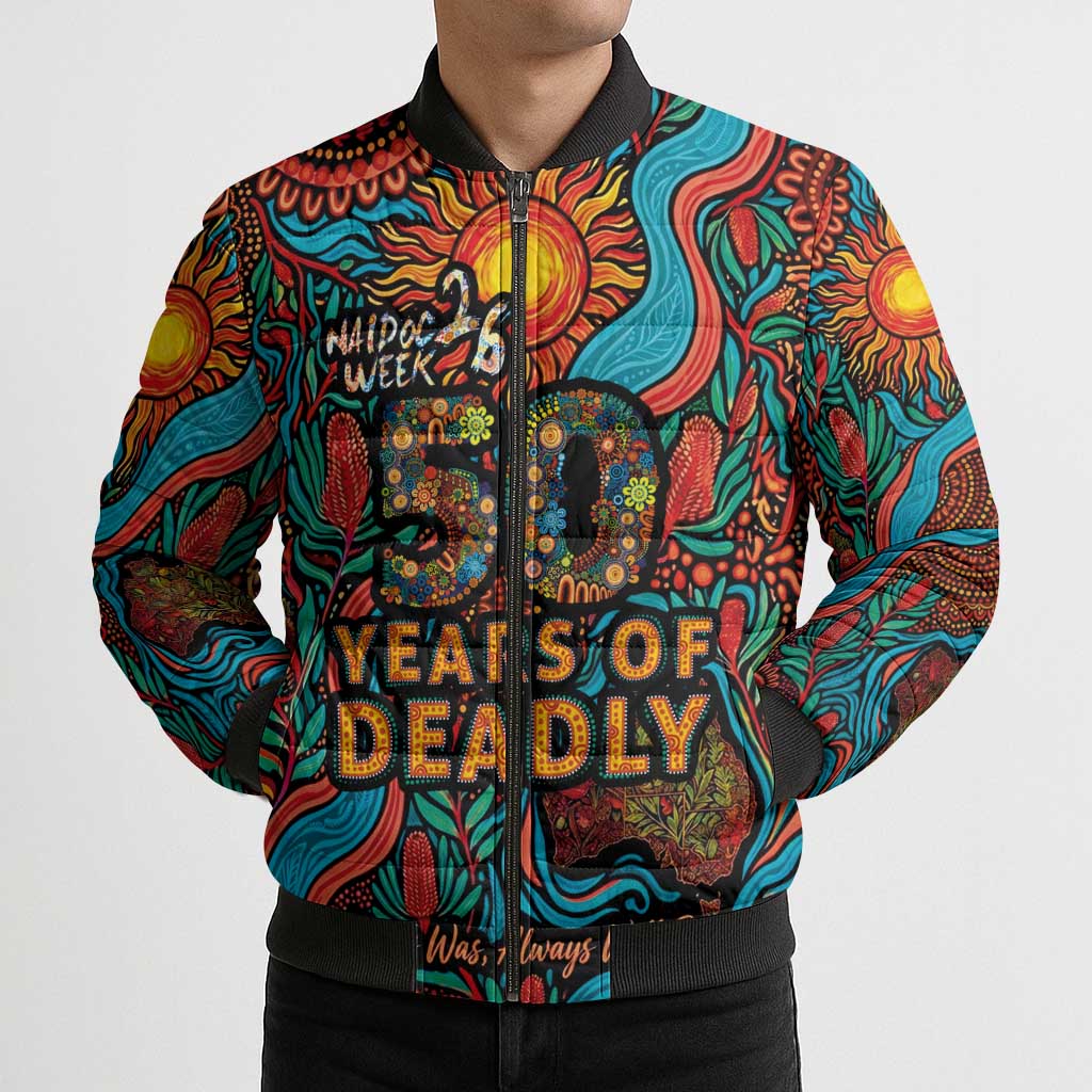 NAIDOC Week 26 Bomber Puffer Jacket 50 Years of Deadly Aboriginal Motif