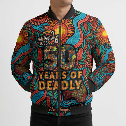NAIDOC Week 26 Bomber Puffer Jacket 50 Years of Deadly Aboriginal Motif