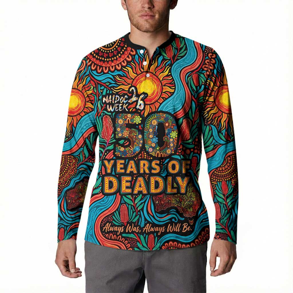 NAIDOC Week 26 Button Sweatshirt 50 Years of Deadly Aboriginal Motif