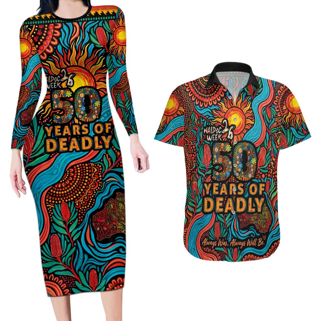 NAIDOC Week 26 Couples Matching Long Sleeve Bodycon Dress and Hawaiian Shirt 50 Years of Deadly Aboriginal Motif
