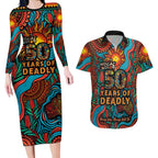 NAIDOC Week 26 Couples Matching Long Sleeve Bodycon Dress and Hawaiian Shirt 50 Years of Deadly Aboriginal Motif