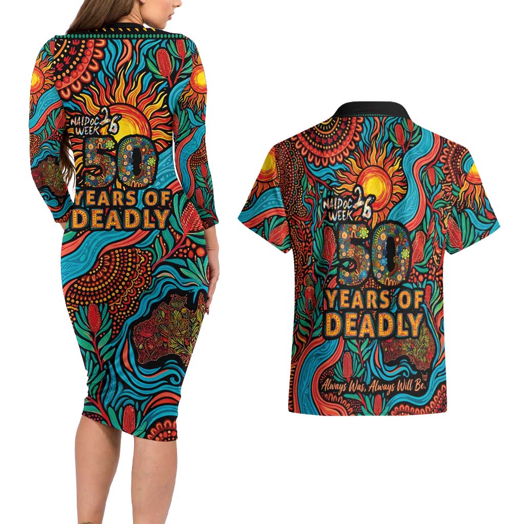 NAIDOC Week 26 Couples Matching Long Sleeve Bodycon Dress and Hawaiian Shirt 50 Years of Deadly Aboriginal Motif