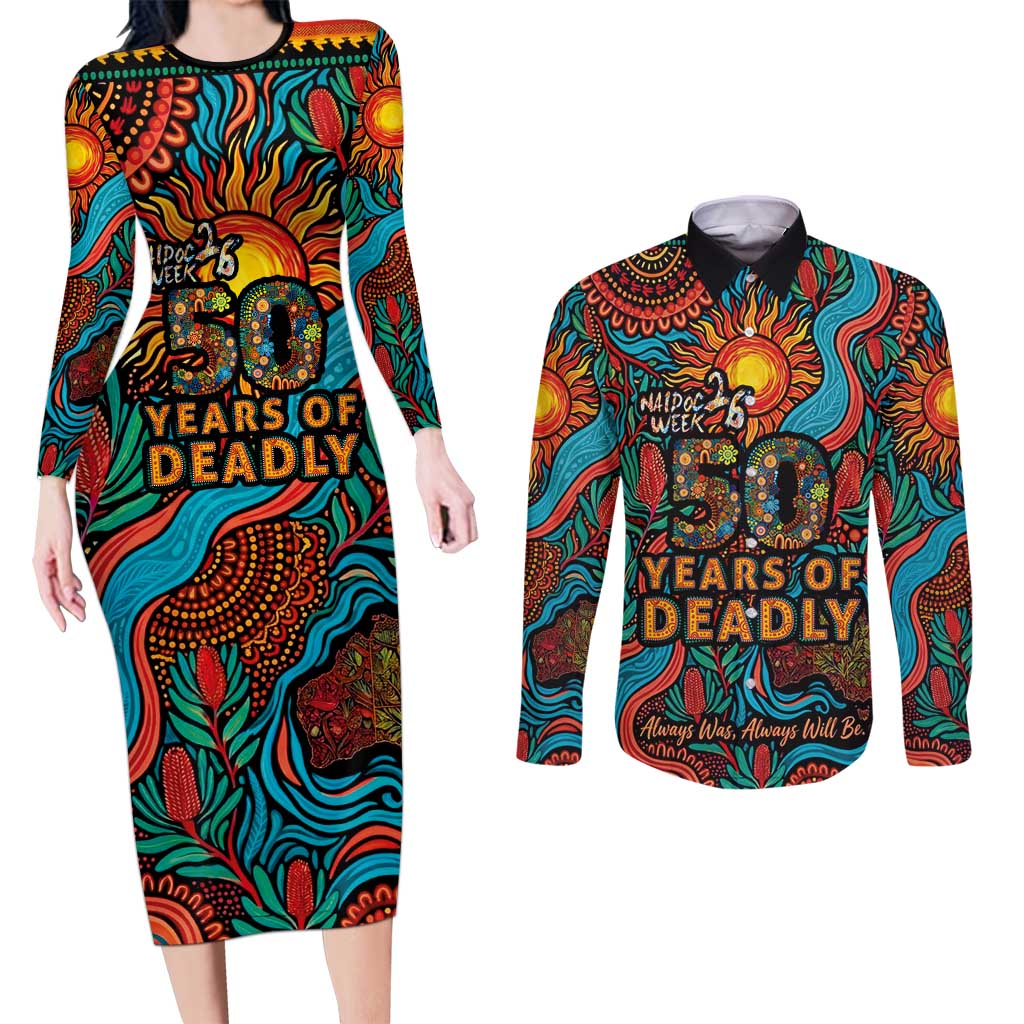 NAIDOC Week 26 Couples Matching Long Sleeve Bodycon Dress and Long Sleeve Button Shirt 50 Years of Deadly Aboriginal Motif