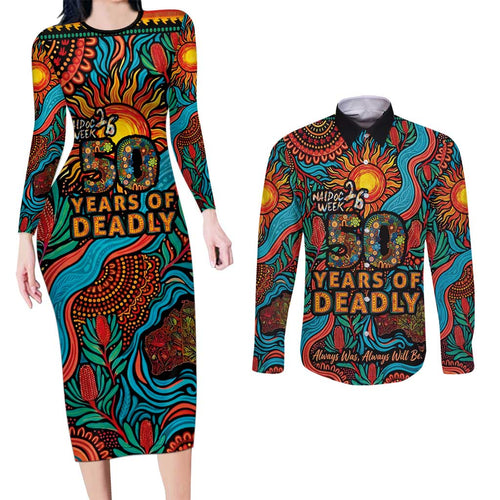 NAIDOC Week 26 Couples Matching Long Sleeve Bodycon Dress and Long Sleeve Button Shirt 50 Years of Deadly Aboriginal Motif