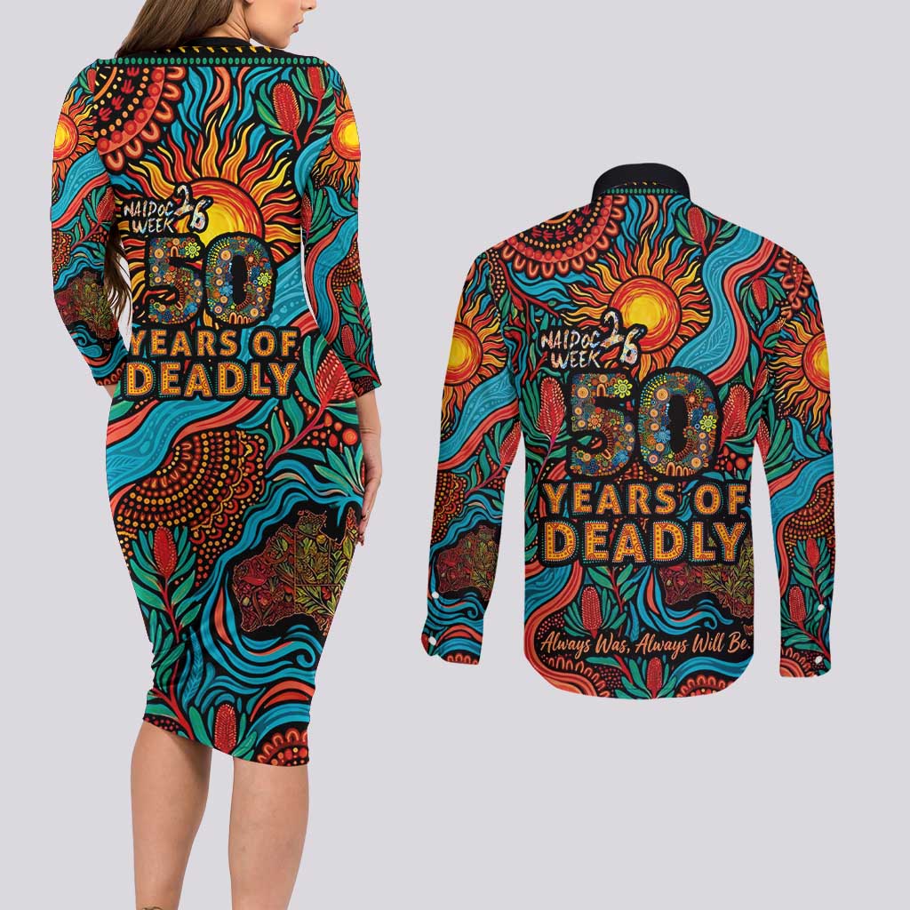 NAIDOC Week 26 Couples Matching Long Sleeve Bodycon Dress and Long Sleeve Button Shirt 50 Years of Deadly Aboriginal Motif