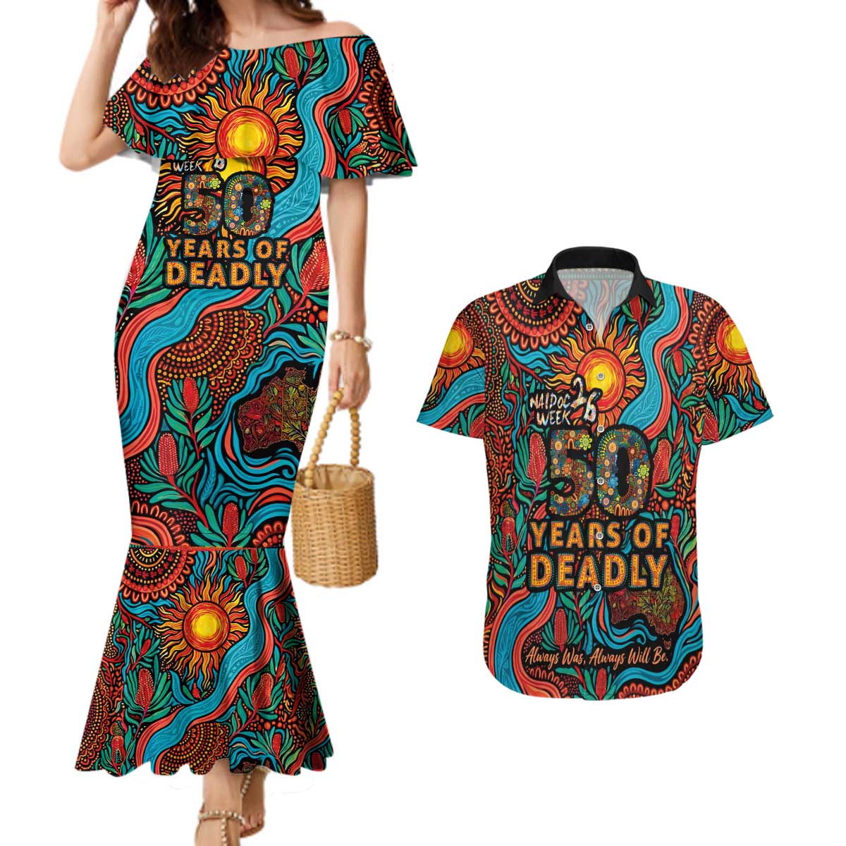 NAIDOC Week 26 Couples Matching Mermaid Dress and Hawaiian Shirt 50 Years of Deadly Aboriginal Motif
