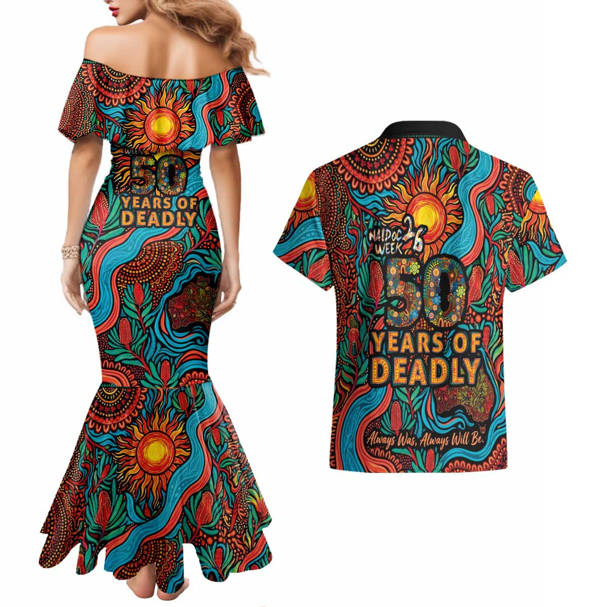 NAIDOC Week 26 Couples Matching Mermaid Dress and Hawaiian Shirt 50 Years of Deadly Aboriginal Motif