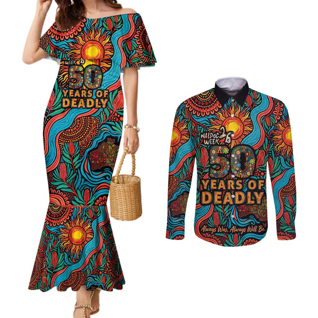 NAIDOC Week 26 Couples Matching Mermaid Dress and Long Sleeve Button Shirt 50 Years of Deadly Aboriginal Motif