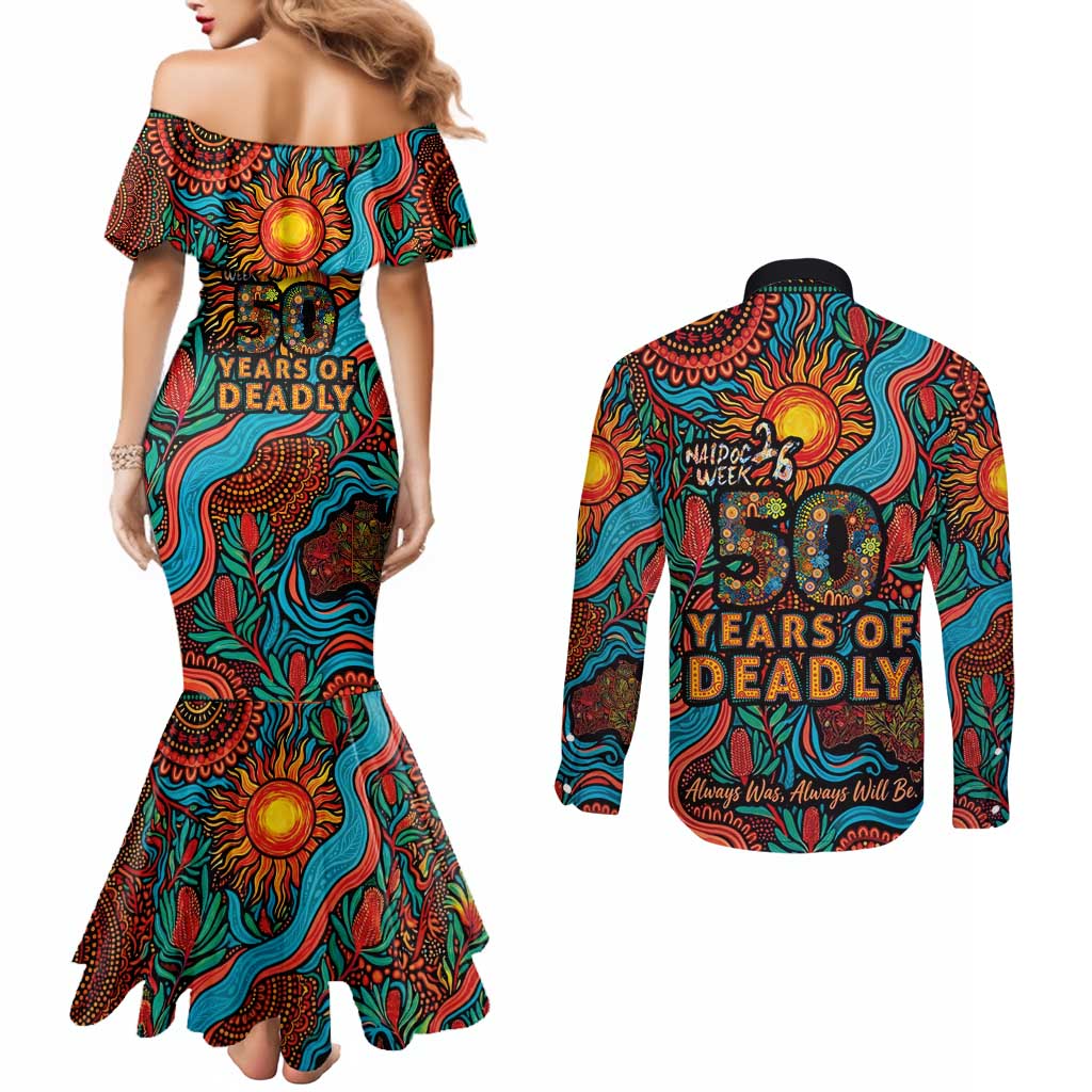 NAIDOC Week 26 Couples Matching Mermaid Dress and Long Sleeve Button Shirt 50 Years of Deadly Aboriginal Motif