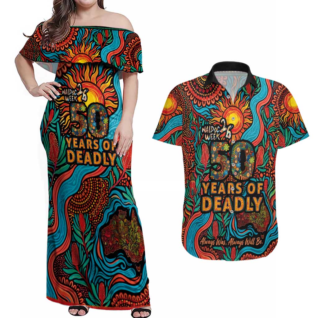 NAIDOC Week 26 Couples Matching Off Shoulder Maxi Dress and Hawaiian Shirt 50 Years of Deadly Aboriginal Motif