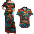 NAIDOC Week 26 Couples Matching Off Shoulder Maxi Dress and Hawaiian Shirt 50 Years of Deadly Aboriginal Motif