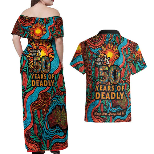 NAIDOC Week 26 Couples Matching Off Shoulder Maxi Dress and Hawaiian Shirt 50 Years of Deadly Aboriginal Motif