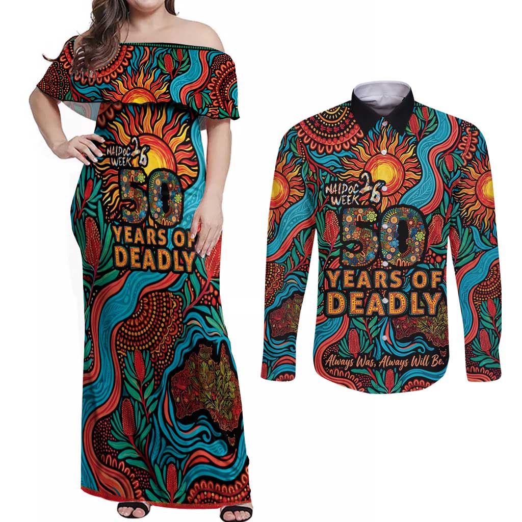 NAIDOC Week 26 Couples Matching Off Shoulder Maxi Dress and Long Sleeve Button Shirt 50 Years of Deadly Aboriginal Motif