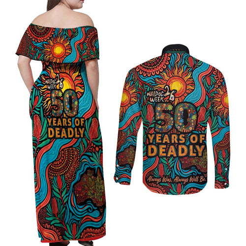 NAIDOC Week 26 Couples Matching Off Shoulder Maxi Dress and Long Sleeve Button Shirt 50 Years of Deadly Aboriginal Motif