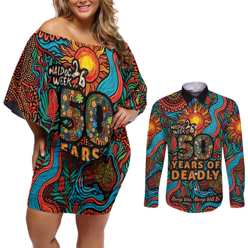 NAIDOC Week 26 Couples Matching Off Shoulder Short Dress and Long Sleeve Button Shirt 50 Years of Deadly Aboriginal Motif
