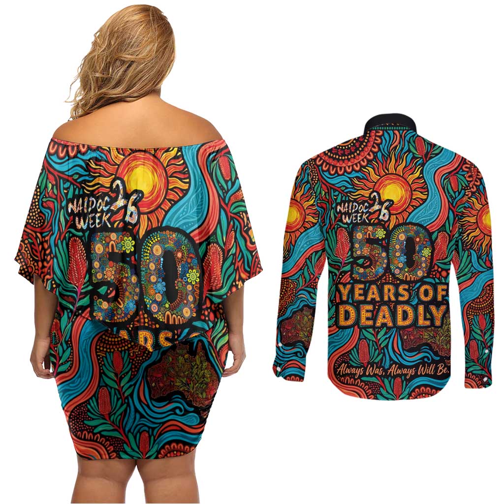 NAIDOC Week 26 Couples Matching Off Shoulder Short Dress and Long Sleeve Button Shirt 50 Years of Deadly Aboriginal Motif