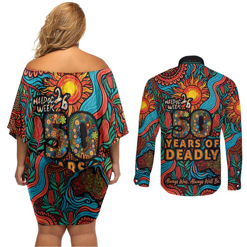 NAIDOC Week 26 Couples Matching Off Shoulder Short Dress and Long Sleeve Button Shirt 50 Years of Deadly Aboriginal Motif