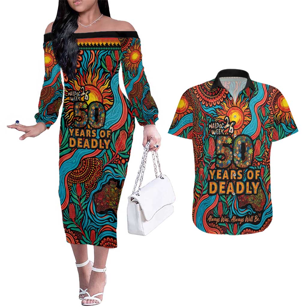 NAIDOC Week 26 Couples Matching Off The Shoulder Long Sleeve Dress and Hawaiian Shirt 50 Years of Deadly Aboriginal Motif