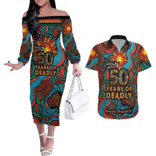 NAIDOC Week 26 Couples Matching Off The Shoulder Long Sleeve Dress and Hawaiian Shirt 50 Years of Deadly Aboriginal Motif