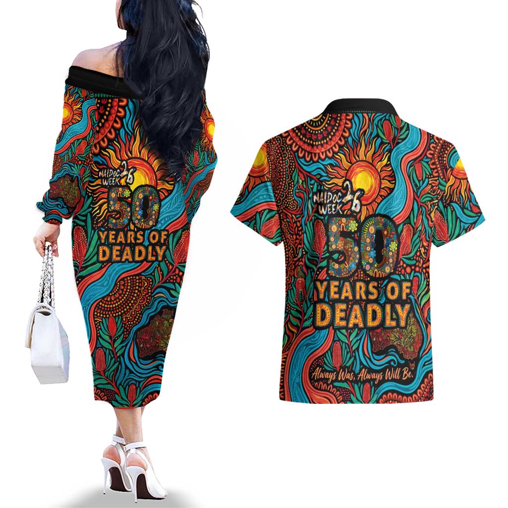 NAIDOC Week 26 Couples Matching Off The Shoulder Long Sleeve Dress and Hawaiian Shirt 50 Years of Deadly Aboriginal Motif