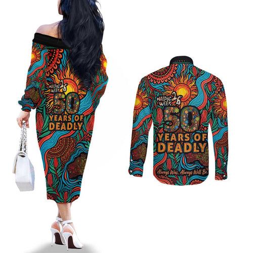 NAIDOC Week 26 Couples Matching Off The Shoulder Long Sleeve Dress and Long Sleeve Button Shirt 50 Years of Deadly Aboriginal Motif