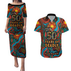 NAIDOC Week 26 Couples Matching Puletasi and Hawaiian Shirt 50 Years of Deadly Aboriginal Motif