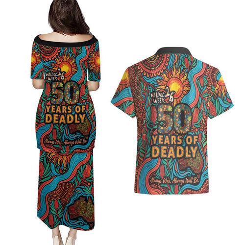 NAIDOC Week 26 Couples Matching Puletasi and Hawaiian Shirt 50 Years of Deadly Aboriginal Motif