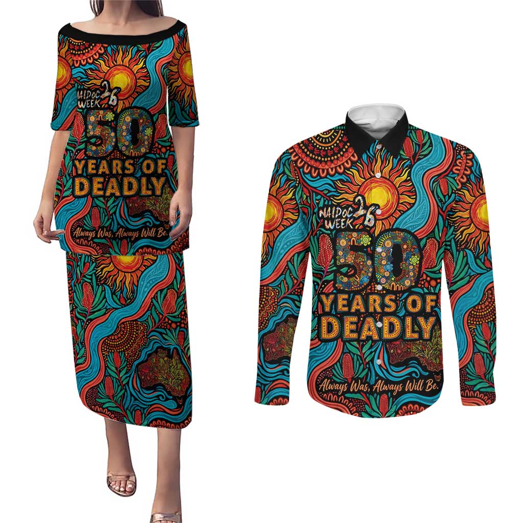 NAIDOC Week 26 Couples Matching Puletasi and Long Sleeve Button Shirt 50 Years of Deadly Aboriginal Motif