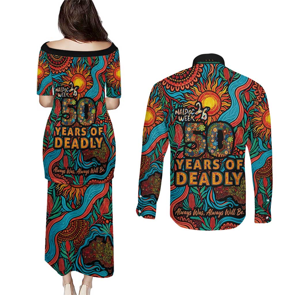 NAIDOC Week 26 Couples Matching Puletasi and Long Sleeve Button Shirt 50 Years of Deadly Aboriginal Motif