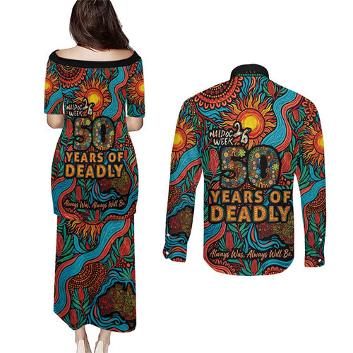 NAIDOC Week 26 Couples Matching Puletasi and Long Sleeve Button Shirt 50 Years of Deadly Aboriginal Motif