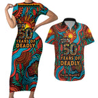 NAIDOC Week 26 Couples Matching Short Sleeve Bodycon Dress and Hawaiian Shirt 50 Years of Deadly Aboriginal Motif