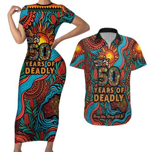 NAIDOC Week 26 Couples Matching Short Sleeve Bodycon Dress and Hawaiian Shirt 50 Years of Deadly Aboriginal Motif