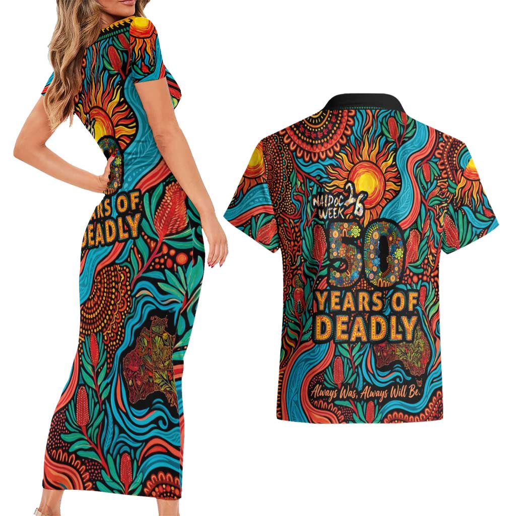 NAIDOC Week 26 Couples Matching Short Sleeve Bodycon Dress and Hawaiian Shirt 50 Years of Deadly Aboriginal Motif
