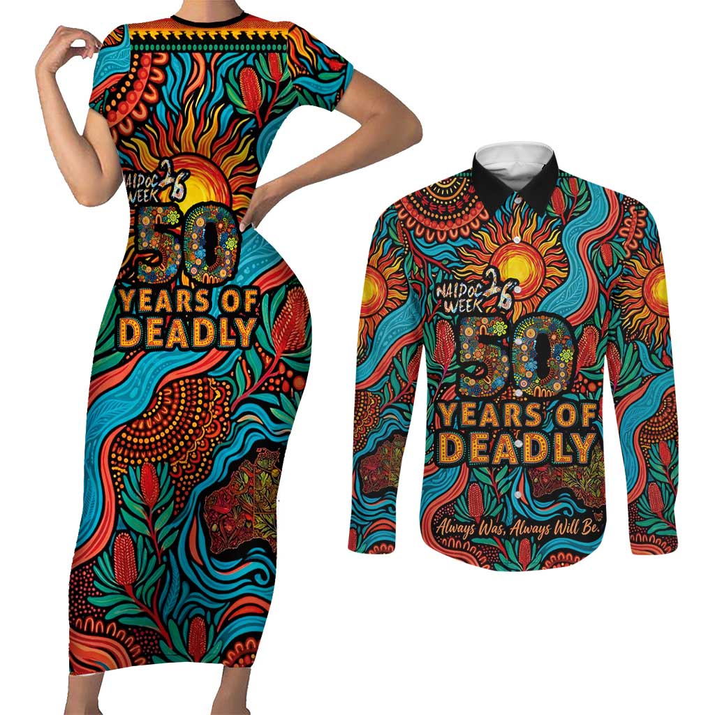 NAIDOC Week 26 Couples Matching Short Sleeve Bodycon Dress and Long Sleeve Button Shirt 50 Years of Deadly Aboriginal Motif