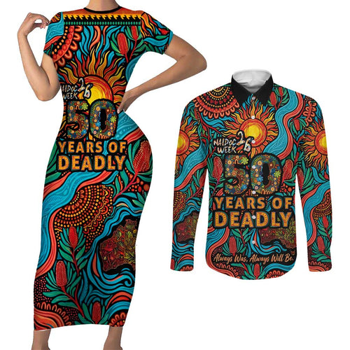 NAIDOC Week 26 Couples Matching Short Sleeve Bodycon Dress and Long Sleeve Button Shirt 50 Years of Deadly Aboriginal Motif