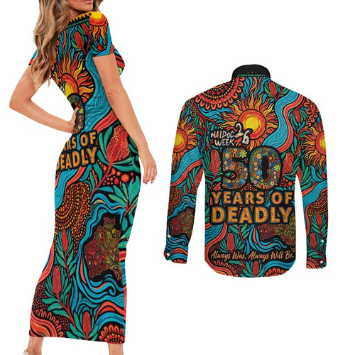 NAIDOC Week 26 Couples Matching Short Sleeve Bodycon Dress and Long Sleeve Button Shirt 50 Years of Deadly Aboriginal Motif