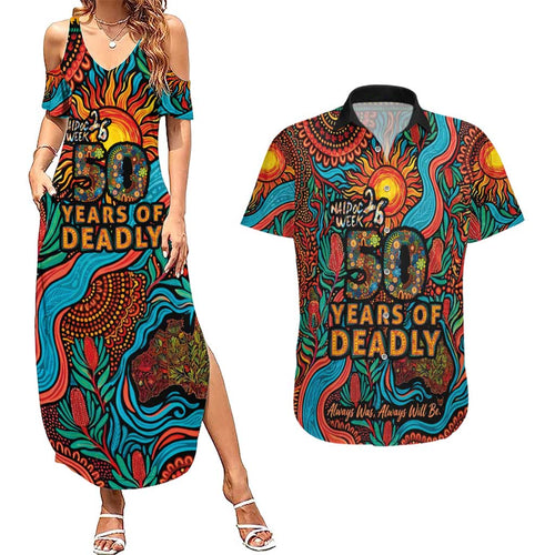 NAIDOC Week 26 Couples Matching Summer Maxi Dress and Hawaiian Shirt 50 Years of Deadly Aboriginal Motif