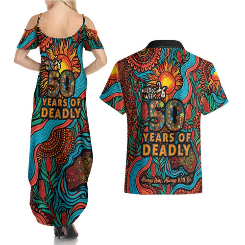 NAIDOC Week 26 Couples Matching Summer Maxi Dress and Hawaiian Shirt 50 Years of Deadly Aboriginal Motif