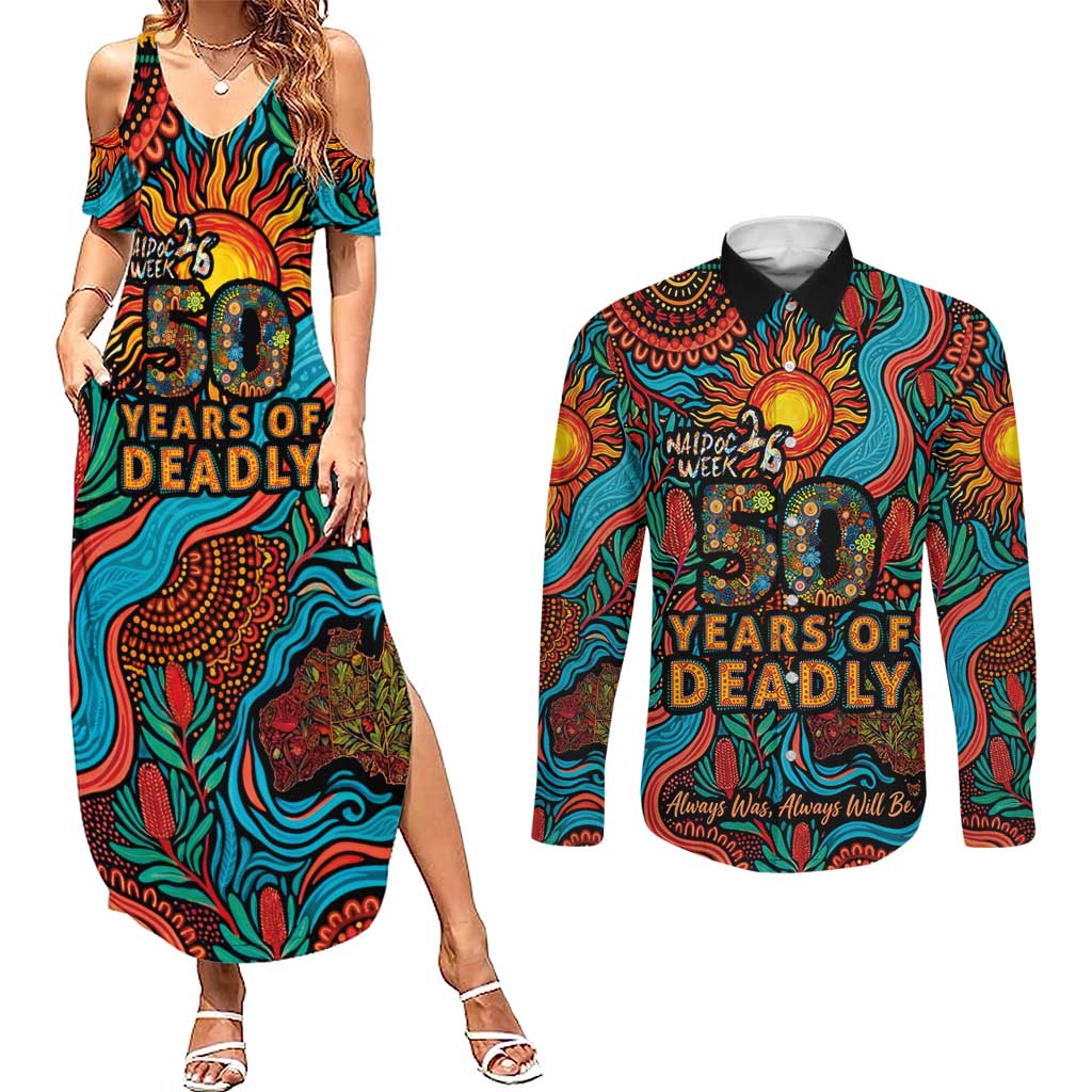 NAIDOC Week 26 Couples Matching Summer Maxi Dress and Long Sleeve Button Shirt 50 Years of Deadly Aboriginal Motif