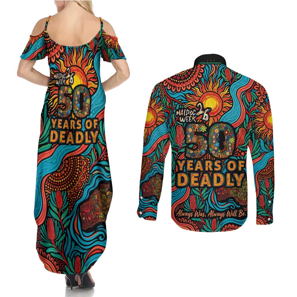 NAIDOC Week 26 Couples Matching Summer Maxi Dress and Long Sleeve Button Shirt 50 Years of Deadly Aboriginal Motif