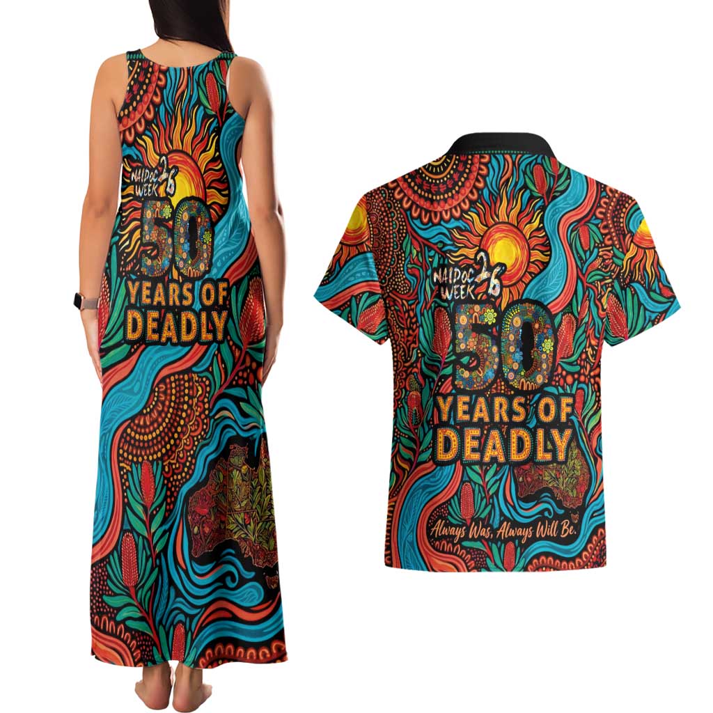 NAIDOC Week 26 Couples Matching Tank Maxi Dress and Hawaiian Shirt 50 Years of Deadly Aboriginal Motif