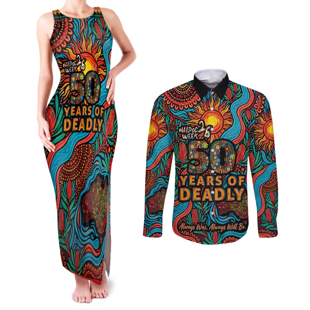 NAIDOC Week 26 Couples Matching Tank Maxi Dress and Long Sleeve Button Shirt 50 Years of Deadly Aboriginal Motif