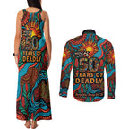 NAIDOC Week 26 Couples Matching Tank Maxi Dress and Long Sleeve Button Shirt 50 Years of Deadly Aboriginal Motif