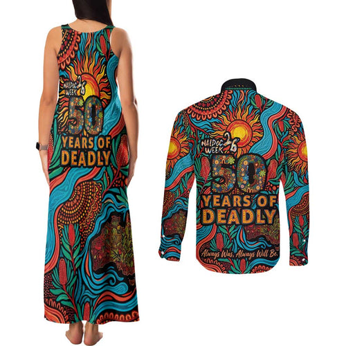 NAIDOC Week 26 Couples Matching Tank Maxi Dress and Long Sleeve Button Shirt 50 Years of Deadly Aboriginal Motif
