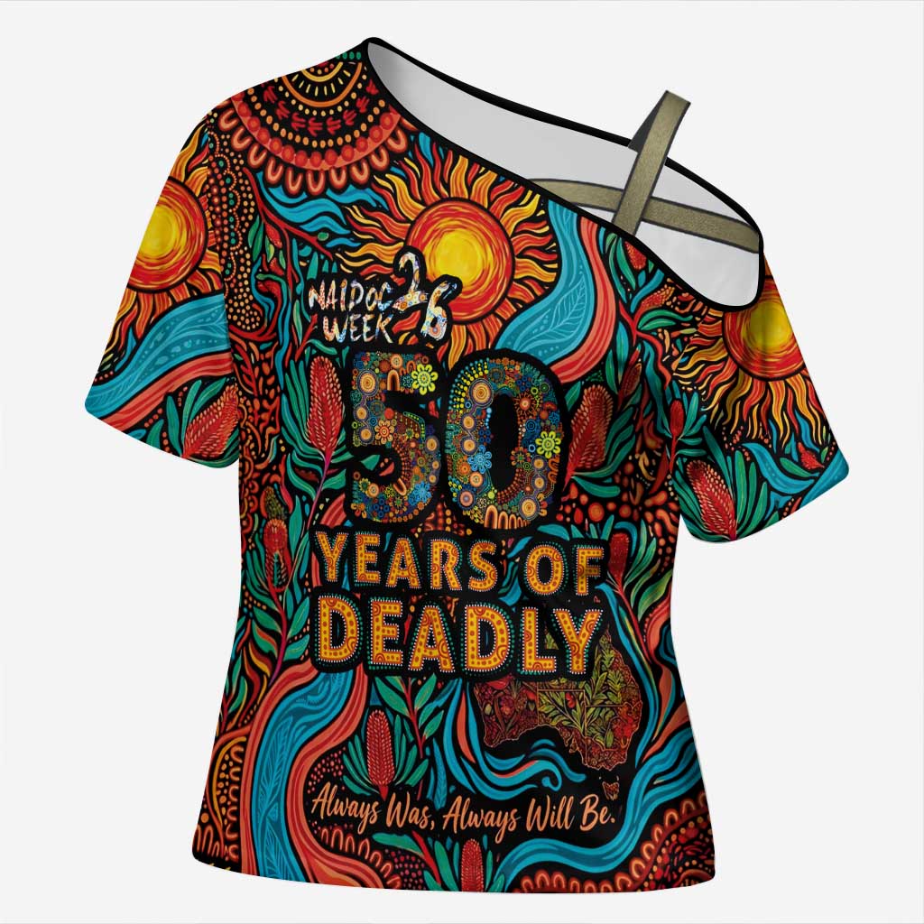 NAIDOC Week 26 Cross Shoulder Shirt 50 Years of Deadly Aboriginal Motif