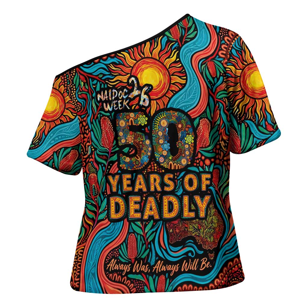 NAIDOC Week 26 Cross Shoulder Shirt 50 Years of Deadly Aboriginal Motif