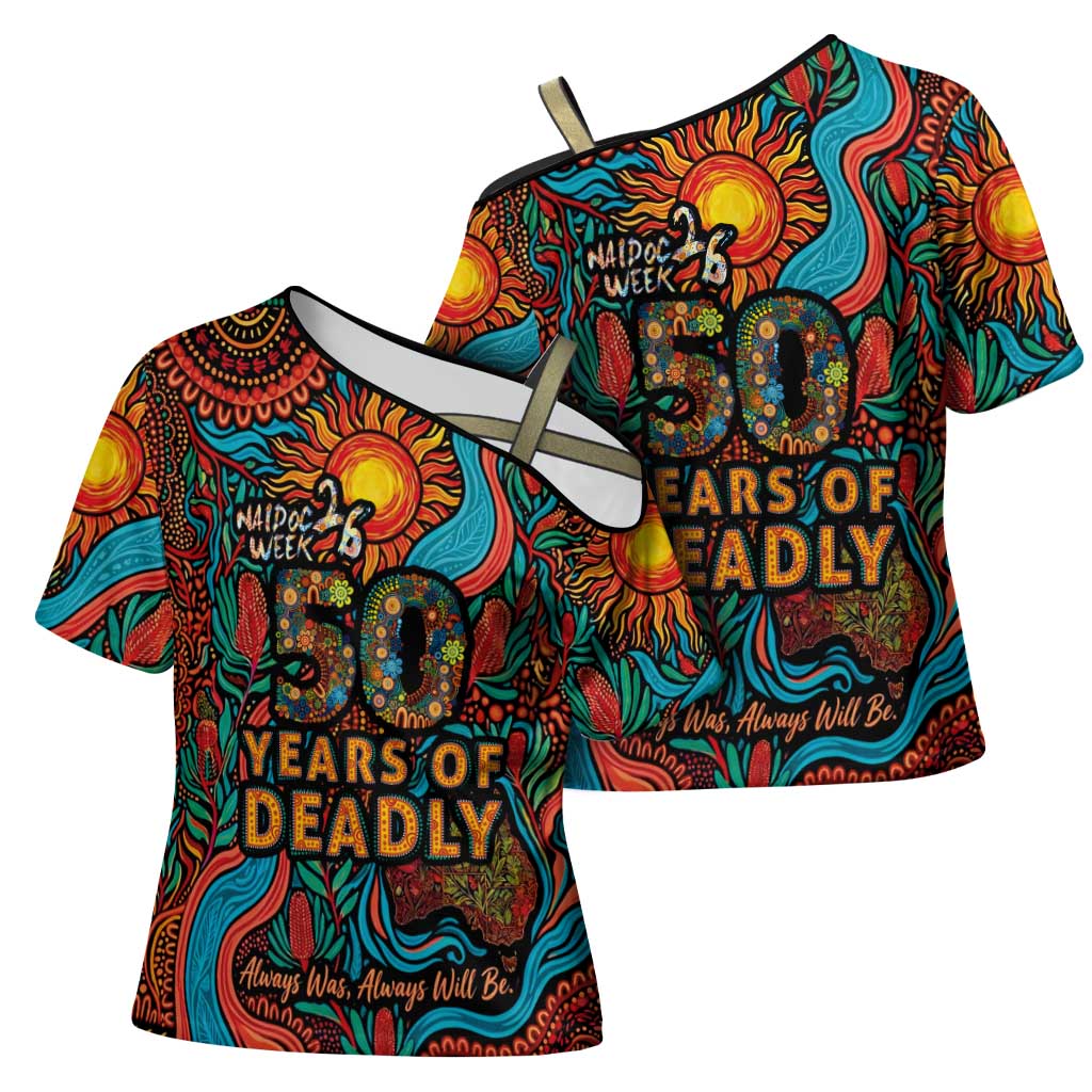 NAIDOC Week 26 Cross Shoulder Shirt 50 Years of Deadly Aboriginal Motif