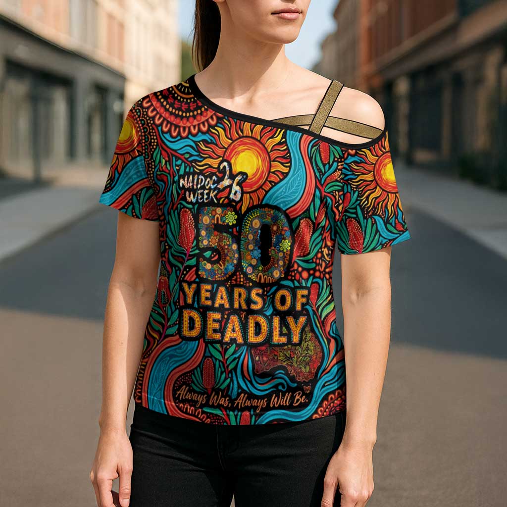 NAIDOC Week 26 Cross Shoulder Shirt 50 Years of Deadly Aboriginal Motif