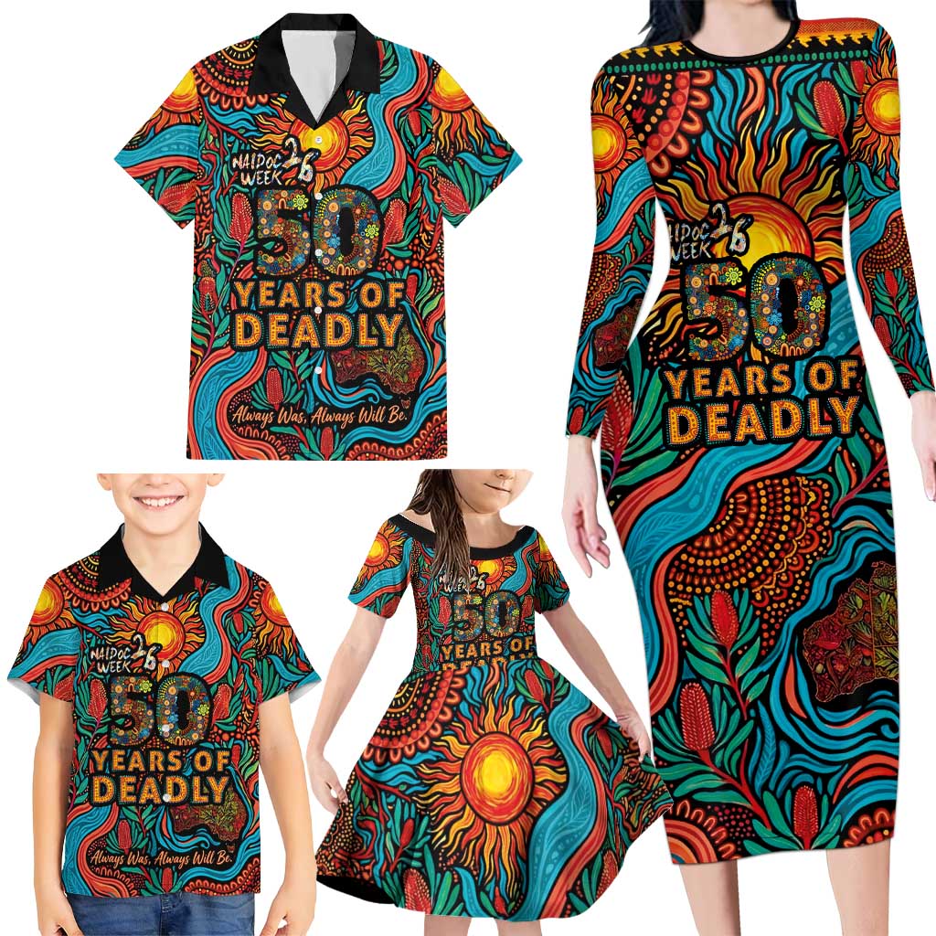 NAIDOC Week 26 Family Matching Long Sleeve Bodycon Dress and Hawaiian Shirt 50 Years of Deadly Aboriginal Motif