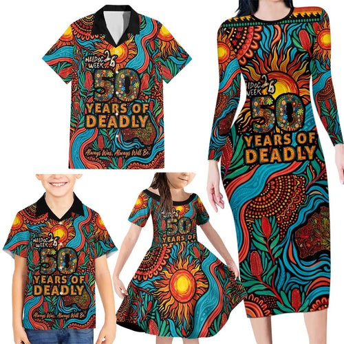 NAIDOC Week 26 Family Matching Long Sleeve Bodycon Dress and Hawaiian Shirt 50 Years of Deadly Aboriginal Motif